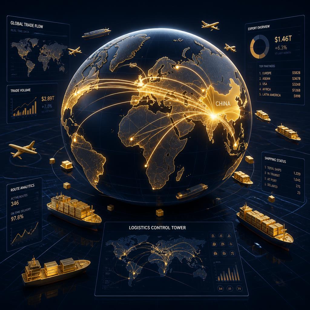 3D globe with glowing international trade routes