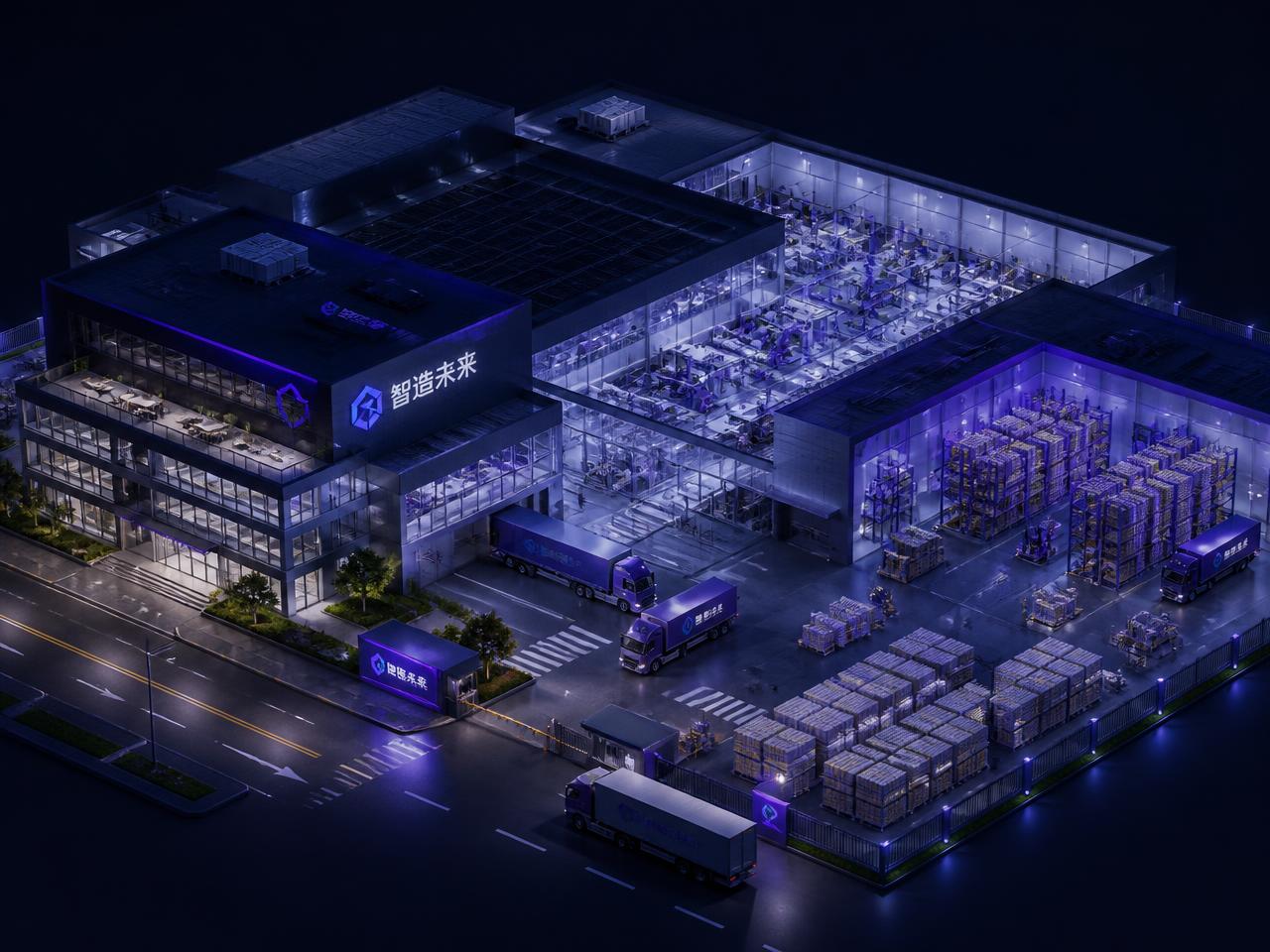 Modern Chinese manufacturing complex illuminated at night