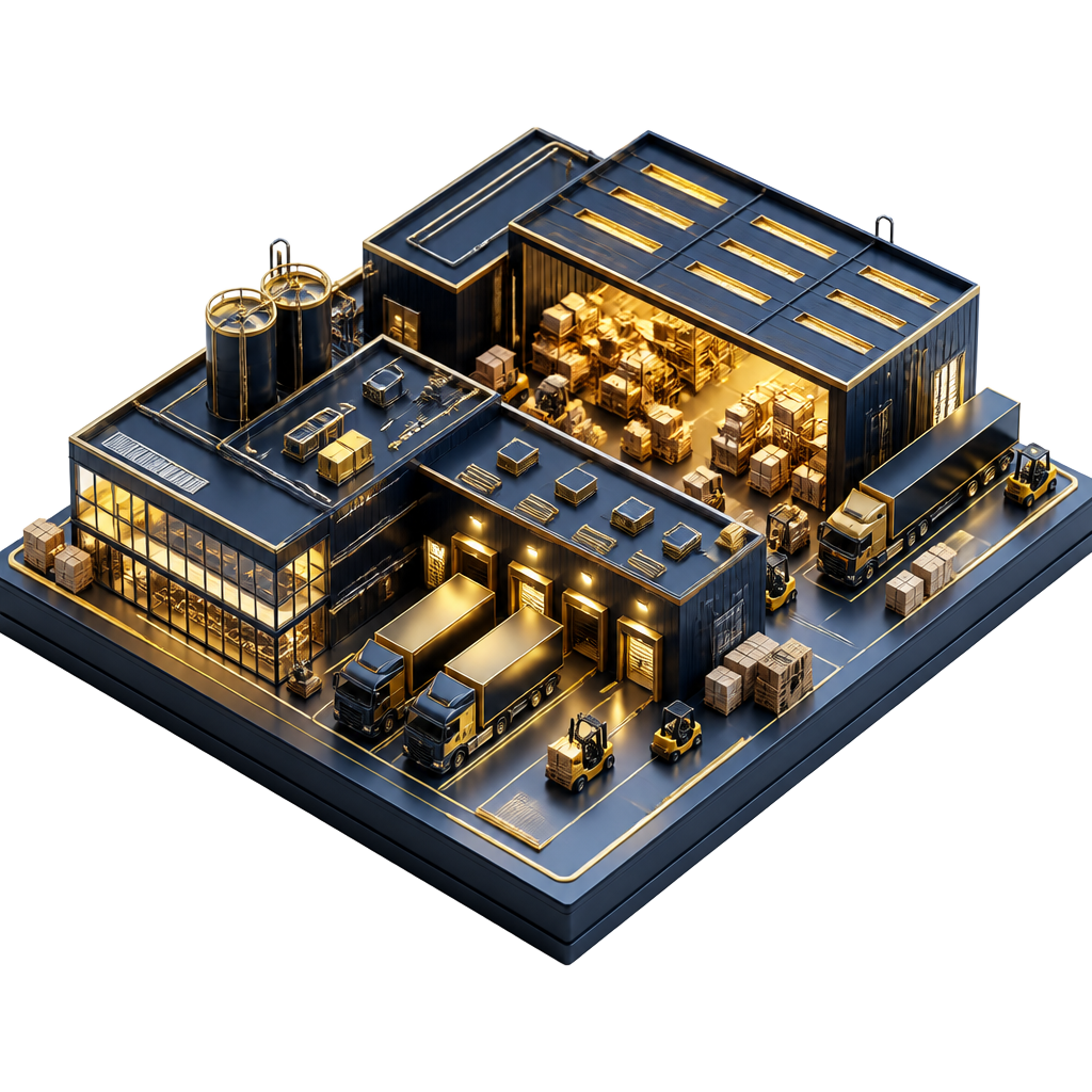 3D isometric render of an AVELOR consolidation warehouse and factory complex