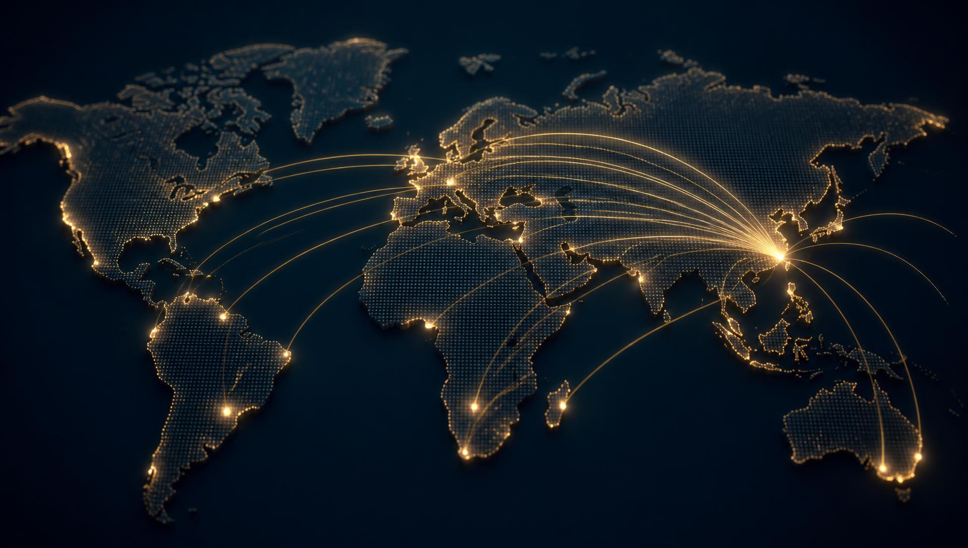 3D world map with glowing gold trade routes from China to global markets